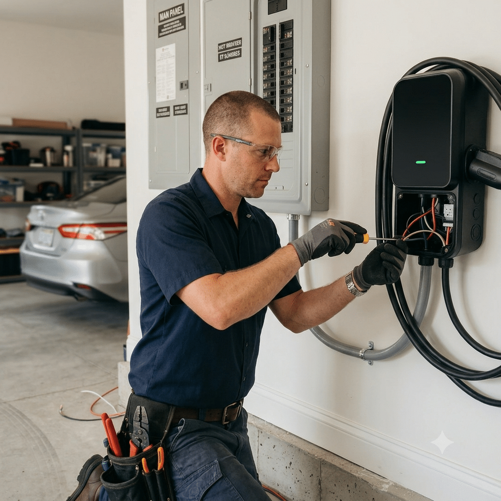 technician installing EV character in a home garage.