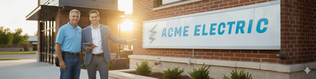 father and son owners of acme electric standing in front of headquarters