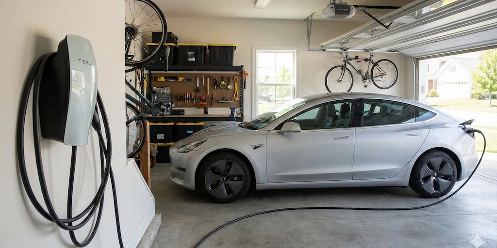 electric car in garage plugged into ev charger