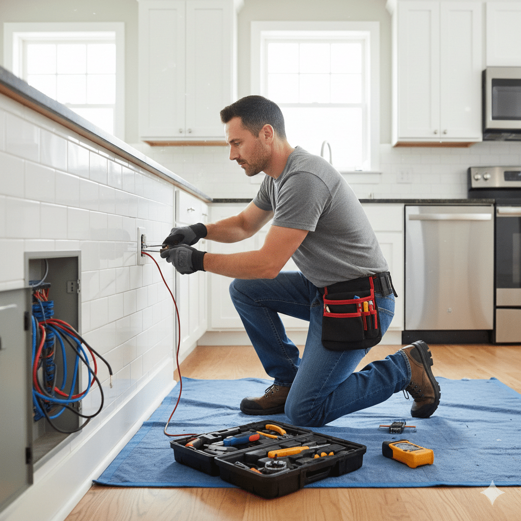 electrician installing outlet in kitchen