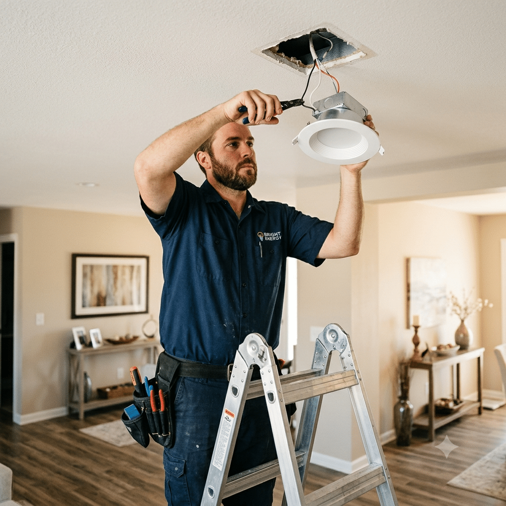 electrician installing light fixture in living room